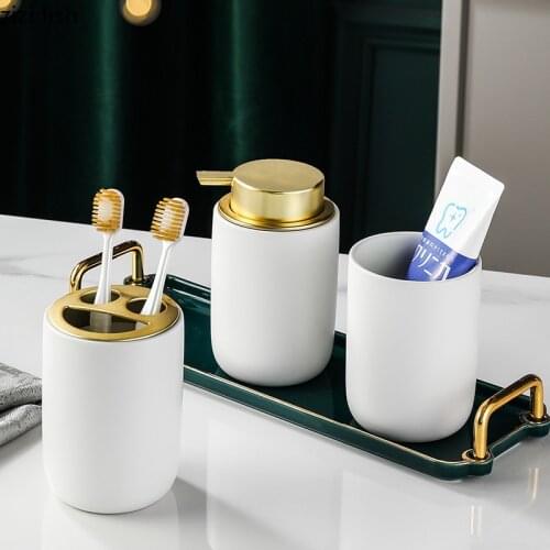 Ceramic Bathroom Accessories Set Portable Soap Dispenser Toothbrush Holder Bath Supplies Shampoo Empty Bottle Lotion Bottle