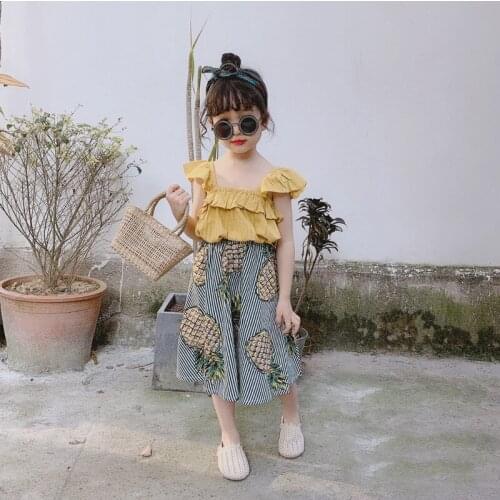 Kids Girls Clothing Set New Summer Kids Girl Sleeveless Vest +Pineapple Printing Skirt 2PCS Casual Children Suit Outfit 1-5Yrs