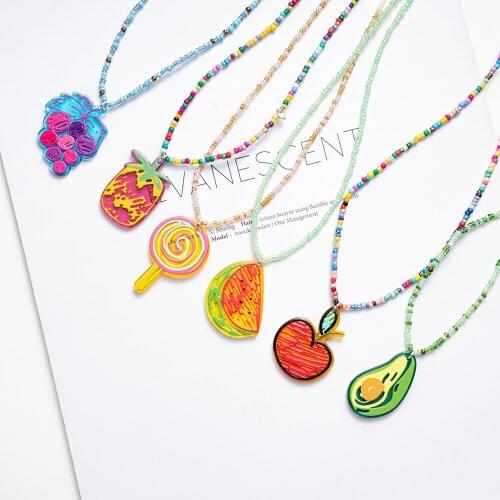Summer Cute Flower Fruit Love Heart Pendant Necklace Colorful Beads Acrylic Pearl Rice Bead Necklace Girl Bohemia Woman Jewelry