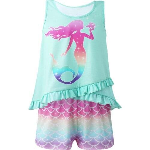 Girl Kids Summer Clothes Mermaid Pattern T-shirt Vest Top Fish Scales Print Shorts Outfit Set 2021 Teen Girls Clothes Casual