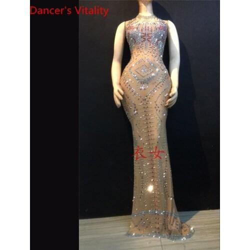 DJ Model Photography Evening Dress Luxurious Diamond-encrusted Sheer Perspective Elastic Dress Stage Wear Performance Costume