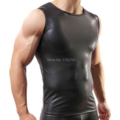 Fashion Men Leather Like Vest Tank Top Underwear Sleeveless Slim Shirt