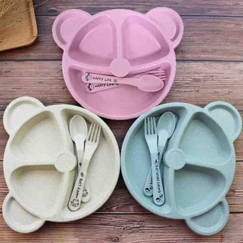 Baby bowl+spoon+fork Feeding Food Tableware BPA Free Cartoon Bear Kids Dishes Baby Eating Dinnerware Set Anti-hot Training Plate