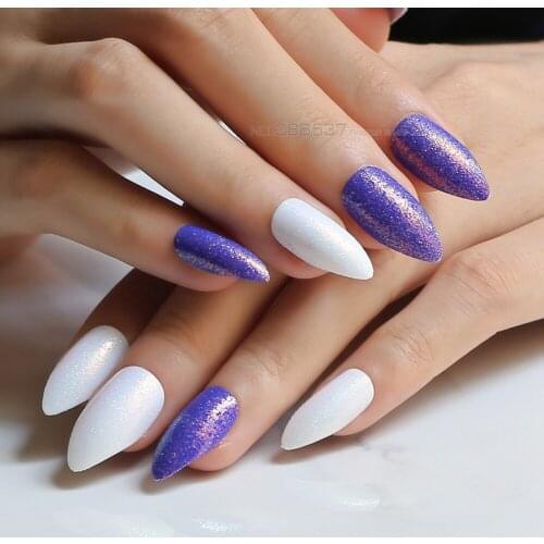 DIY pattern Pink Stiletto false nails Gradient 24pcs nude flash nails white point Naturally gray Full set shiny with Stickers