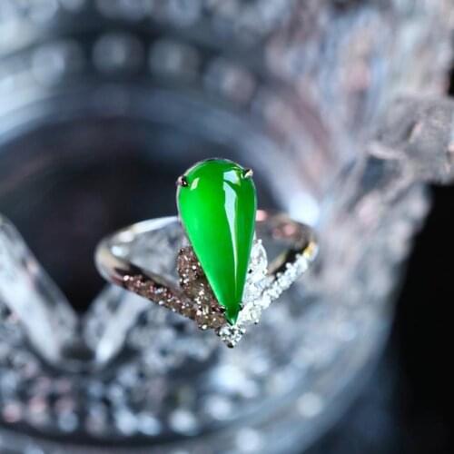 Natural Hetian jasper green drop-shaped crown opening adjustable ring Chinese elegant charm ladies silver jewelry