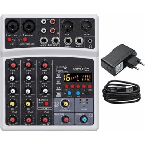 Protable Mini Mixer Audio DJ Console 4-channel with Sound Card, USB, 48V Phantom Power for PC Recording Singing Webcast Party