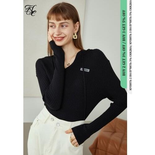 FANSILANEN Women V-neck Hooded Pullover Sweater Black Woman Sweaters 2021 Autumn New Simplee Niche Top White Fashion Sweater