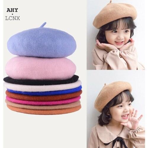 Wool Baby kids Hats for Girls Candy Color Elastic Infant Baby Retro Beret Hat Pumpkin painter caps for Girls 4-12 Years 1 PC