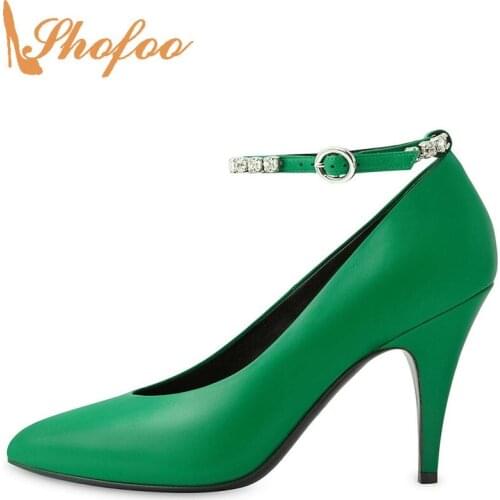 Green Pointed Toe High Thin Pumps Crystal Ankle Strap Heels Buckle Woman Shoes 2021 Party Mature Shoes Large Size 12 15 Shofoo
