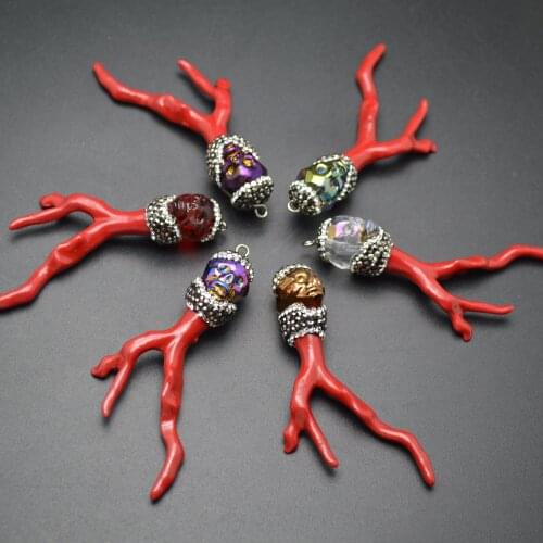 Paved Beads Crystal Skull Red Resin Tree Branch Shape Pendants Fashion Jewelry