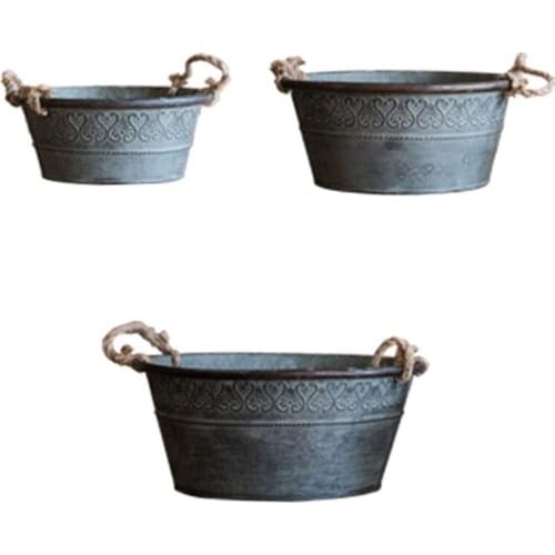 Vintage Metal Round Bucket Planter with Double Handles Rustic Iron Flower Pot Metal Tray for storage and Farmhouse Decor