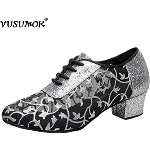 VUSUMOK Women Dance Shoes Modern Latin Tango Salsa Ballroom Shoes Soft Air Mesh Comfortable Ladies Square Heels 4cm Plugs size