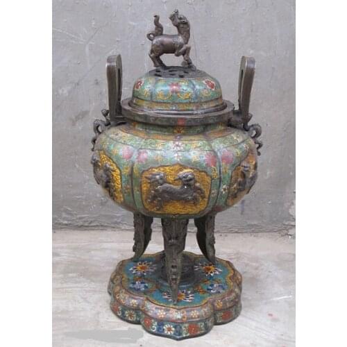 Xd 001666 China Copper handwork cloisonne Evil Foo Dog 6 Lion dragon incense burner Censer