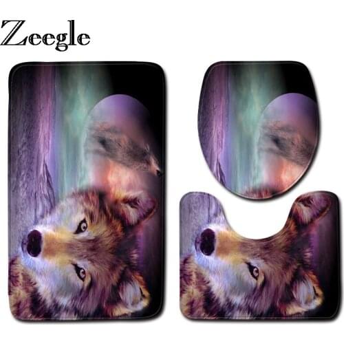 Zeegle Wolf Printed Bathroom Mat Set 3pcs Bathroom Rugs Anti-slip Mats For Toilet Bathroom Carpet Washable Bathroom Floor Mats