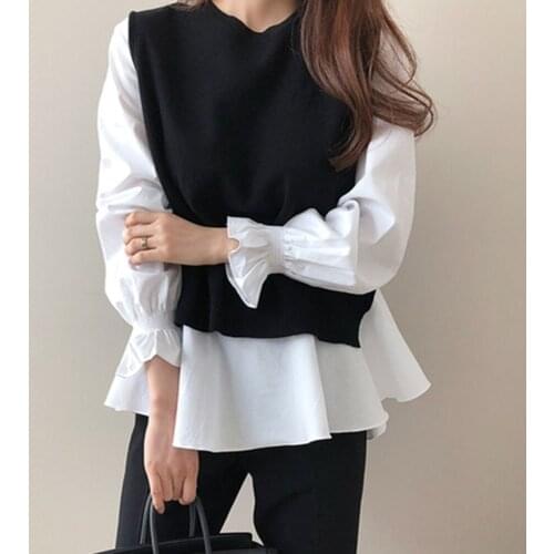 2PCS Women Clothings Autumn Ruffled Long Sleeve T-Shirt And Knitted Black Vest New Womens Two-piece Suit Japanese Casual Tops