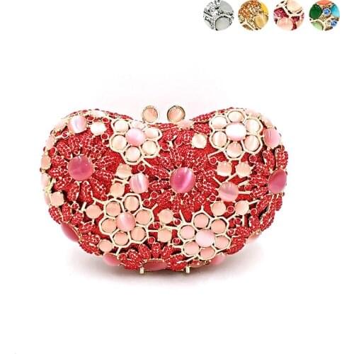 Bridal wedding party women evening party bag diamonds luxury heart shape crystal clutches elegant opal stones purses