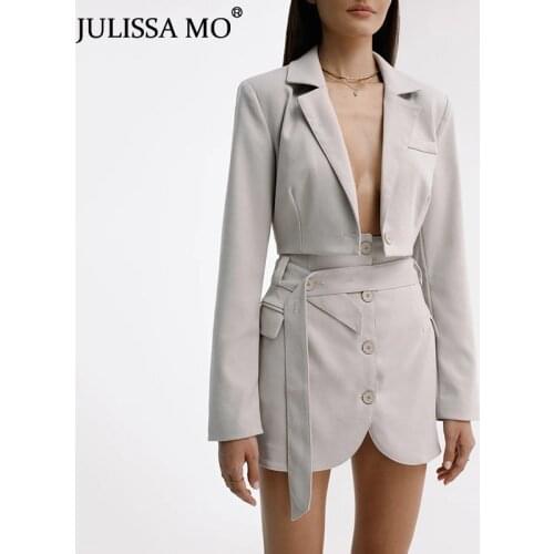 JULISSA MO Fashion Two Piece Sets Women Autumn Notched Collar Blazer Tops Buttons Belts Skirts Suit Office Lady Elegant Outfits