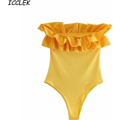 Za Womens Swimsuit Bodysuit Women Yellow Off Shoulder Ruffles Swimwear Beach Style Sexy Bodycon Romper Bodys Para Mujer Summer
