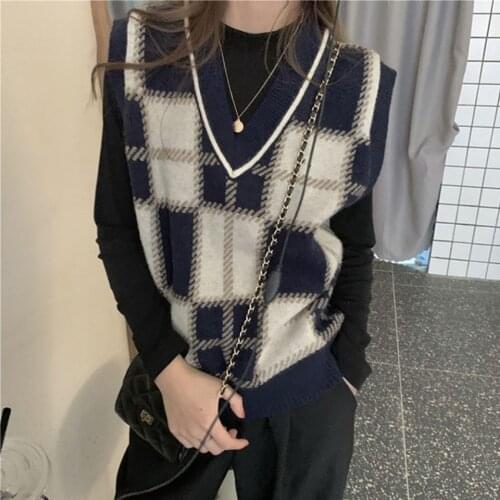 Women Sweater Vest Knitting Korean Pullovers Sleeveless Plaid Knitted Unif Waistcoats Vintage Sweaters Top Pullovers Jumper