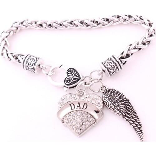 Female Jewelry Bracelet DAD Written Archangel Wing And Heart Pendant With Crystals Good Gift Wheat Link Chain Dropshipping