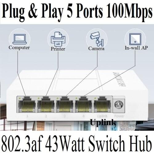 5 ports 4 PoE 43W 100Mbps MCU PoE switch IEEE802.3af PoE for PoE camera or AP etc, Network Switches, Plug&Play,Fast Ethernet Hub