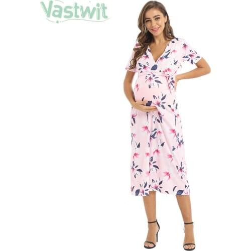 Maternity V Neck Short Sleeves Faux Wrap Dresses with Belt Elegant Pregnancy Dress Floral Printed Sundress For Pregnant Women