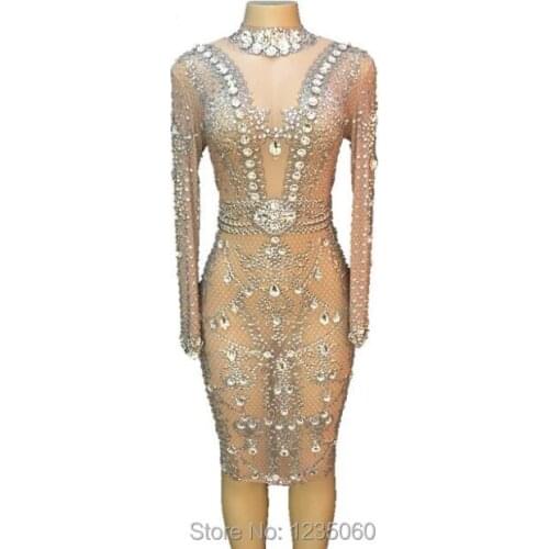 Sparkly Big Crystals Mesh Perspective Dress Evening Party Dresses Birthday Celebrate Costume Singer Performance Dance YOUDU