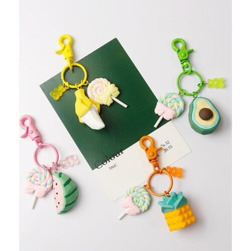 Cute Avocado Banana Watermelon Fruit Cartoon Bear Lollipop Candy Keychain For Women Key Chains Ring Bag Pendent Charm D351