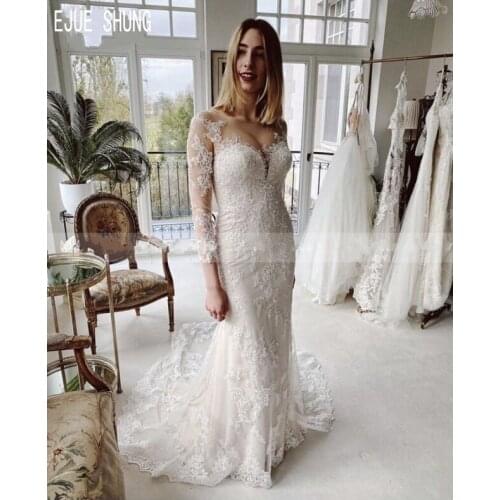 EJUE SHUNG New Modest Mermaid Wedding Dresses 2020 Long Sleeves Sheer Scoop Neck White Wedding Gowns Button Back Bridal Dresses