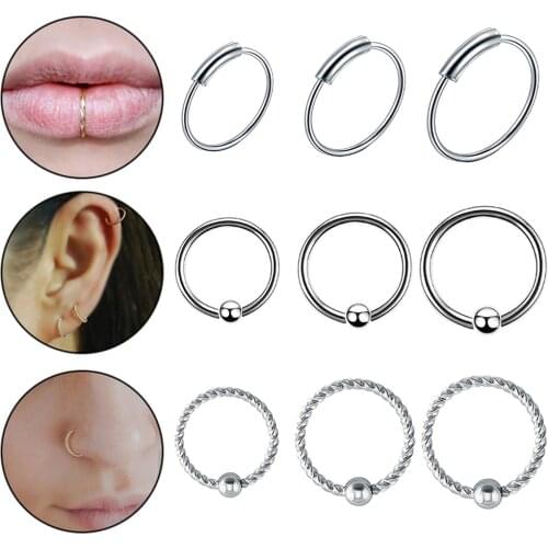 3PCS Nose Piercing Hoops Decorative Stainless Steel Circle Lip Rings Nose Rings Cartilage Earring Body Piercing Jewelry