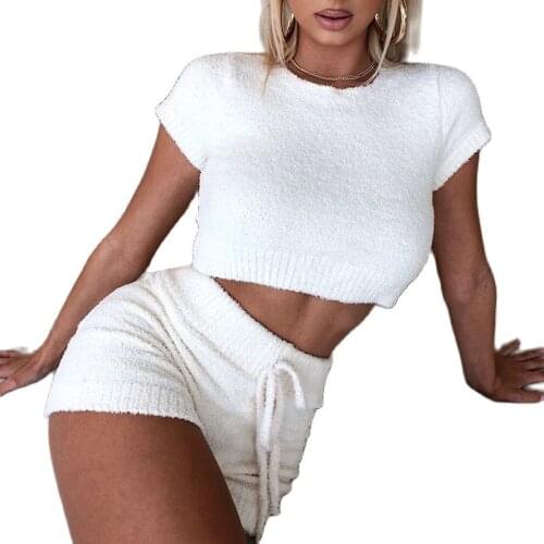 Womens fluffy fleece two-piece sexy three-piece top and shorts suit casual womens matching suit autumn and winter