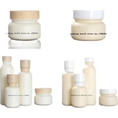 50G frosted beige glass cream jar with white/wooden shape lid for night cream/eye cream/essence/moisturizer/hair wax packing