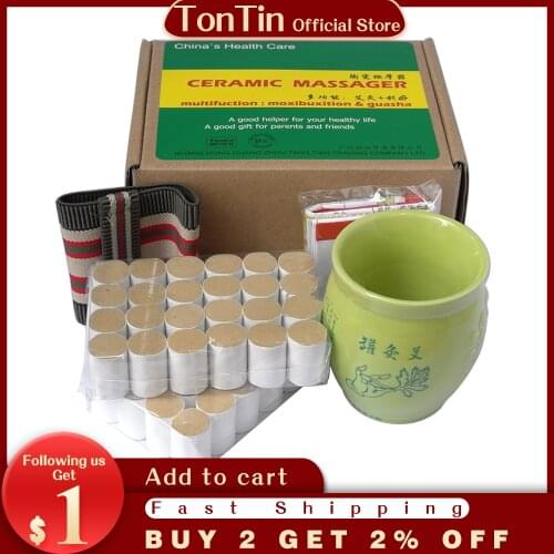 New type multifunction double-deck ceramic massage guasha beauty SPA relief moxa cup +48pcs high quality stick