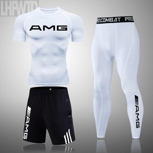 Mens Compression AMG Sportswear Sets Sports Tights Suits Workout Elastic Tracksuit Men Jogging Quick Leggings Dry Gym T-Shirts
