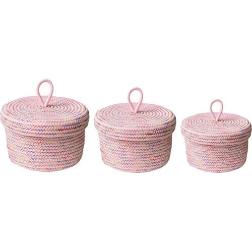 Set 3 Of Storage Baskets With Lids, Decorative Baskets For Shelves And Coffee Table, Natural Cotton Rope Lidded Basket
