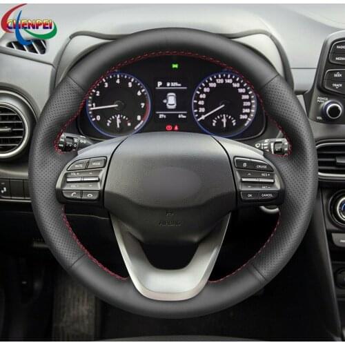 DIY Hand-Sewn Non-Slip Black PU Leather Steering Wheel Cover For Hyundai Kona 2018-2020 Car Interior Accessories