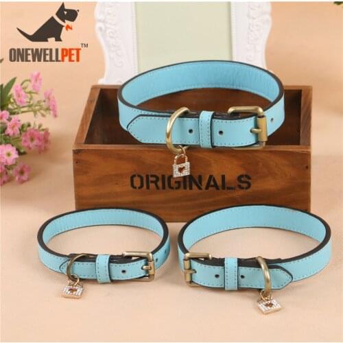 Onewellpet Brand Full Grain Leather Blue Pet Collar 120cm Leashes And Size Of S M L For Small To Large Pet Dogs