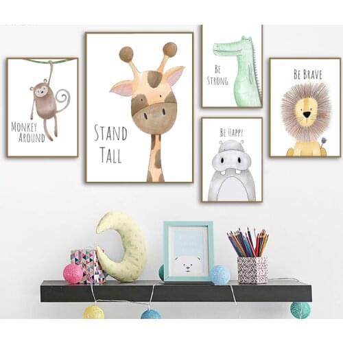 Nursery Room Animal Prints & Posters Inspirational Quote Giraffe Monkey Lion Be Brave Strong Happy Canvas Painting Picture Decor