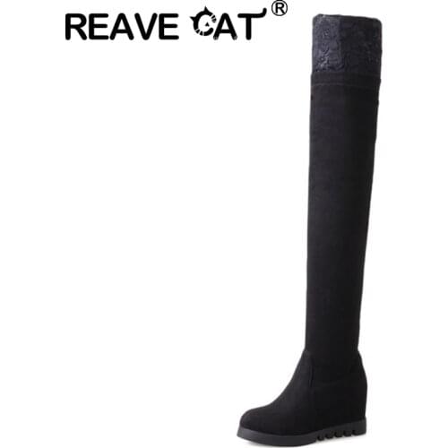 REAVE CAT 2021 Sexy Over The Knee Boots Flock Slip On Lace Platforms 7CM Internal Increase Thick Sole Heel US11 12 Black A4477