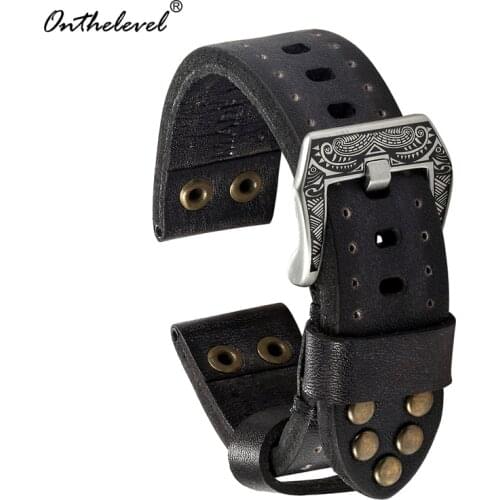 Handmade Vintage Genuine Leather Watchbands Red/Yellow Blue Watch Strap Band Panerai Belt Carved Buckle18 20 22 24m 2019 NEW