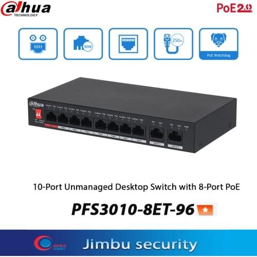 Dahua POE Switch PFS3010-8ET-96 8-Port PoE Switch (Unmanaged) Layer two commercial switch Port 1 Hi-PoE 60W power supply