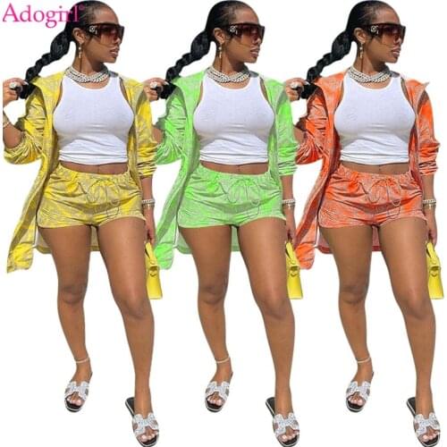 Adogirl Chain Print Two Piece Sets Women Tracksuit Zipper Drawstring Full Sleeve Hooded Long Jacket Coat Shorts Sports Suits