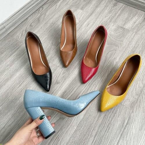 10cm Pumps Women Fashion Chunky Heel Shoes Female Blue Red Black Burgundy Classic High Heels Pointed Toe Shoes Plus Size RB52