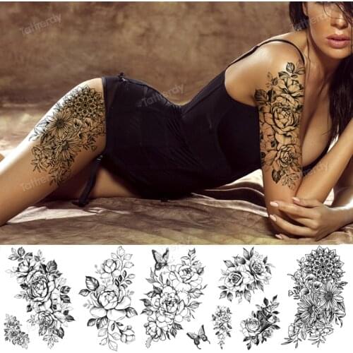 Black big flower Body Art Waterproof Temporary thigh tattoos rose peony sexy For Woman Flash Tattoo Stickers Girls Beauty Water