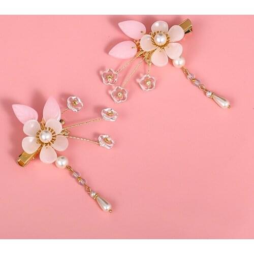 2 pcs Vintage Antique Pink Flower Hair Clips Hanfu Bride Wedding Jewelry Handmade Hair Clip