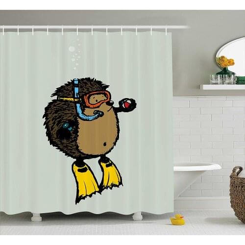 Animal Shower Curtain Cartoon Scuba Diver Hedgehog Cute Illustration for Kids Funny Sea Life Wall Decoration Hanging Curtains