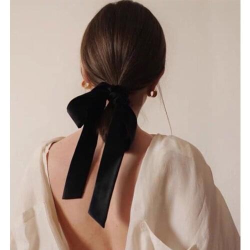 Vintage Black Velvet Bow Hair Ribbon Scrunchie for Women Girls Long Elastic Hair Tie Headwear Female Hair Accessories
