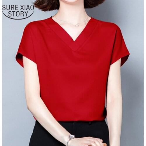 2020 Summer Plus Size Blouses Shirts Casual Women Solid Temperament Short Sleeve V-neck Soft Silk Satin Tops Blouse Blusas 9853