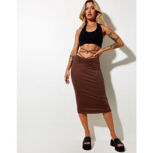 Women Solid Color Long Skirts High Waist Tie-up Drawstring Bandage Skirt Summer Autumn Sexy Casual Skirts Female