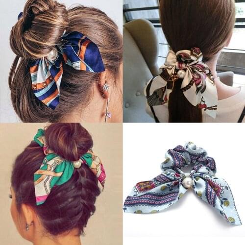 Women Streamers Scrunchies Floral Print ElasticHair Rope Girl Hair Ties Sweet Hair Accessories Headwear Ribbon Hair Tie